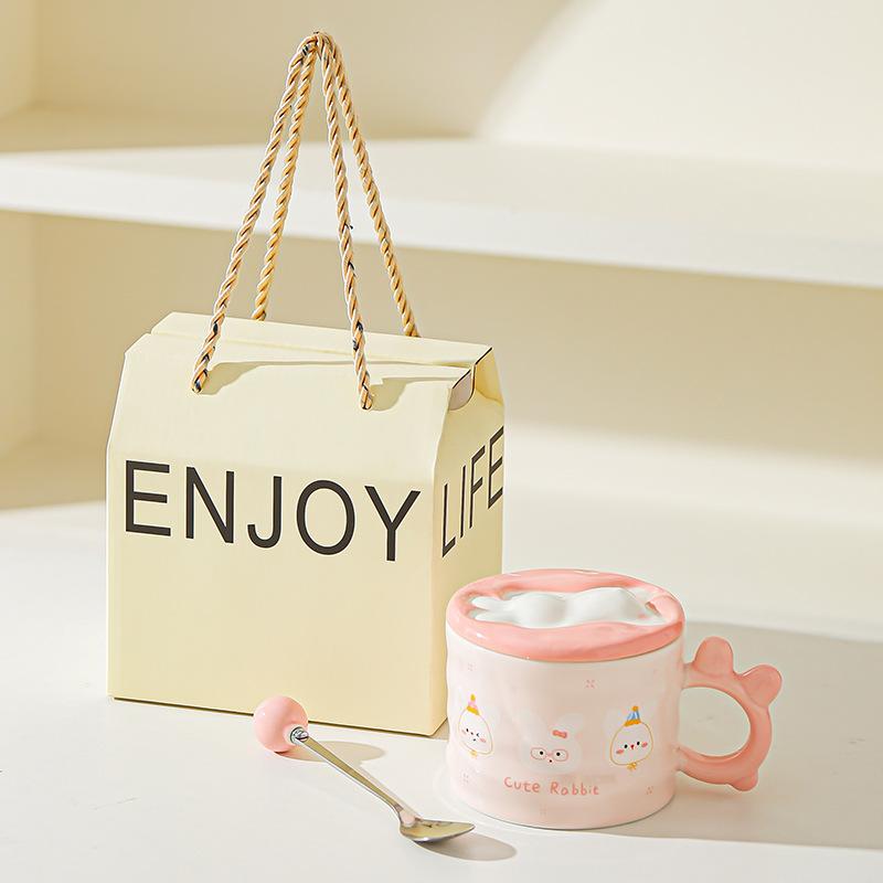 Little Rabbit Cartoon Lid Ceramic Cup Girls High Temperature Resistant Mug Cute Creative Water Cup Office Small Gift Cup