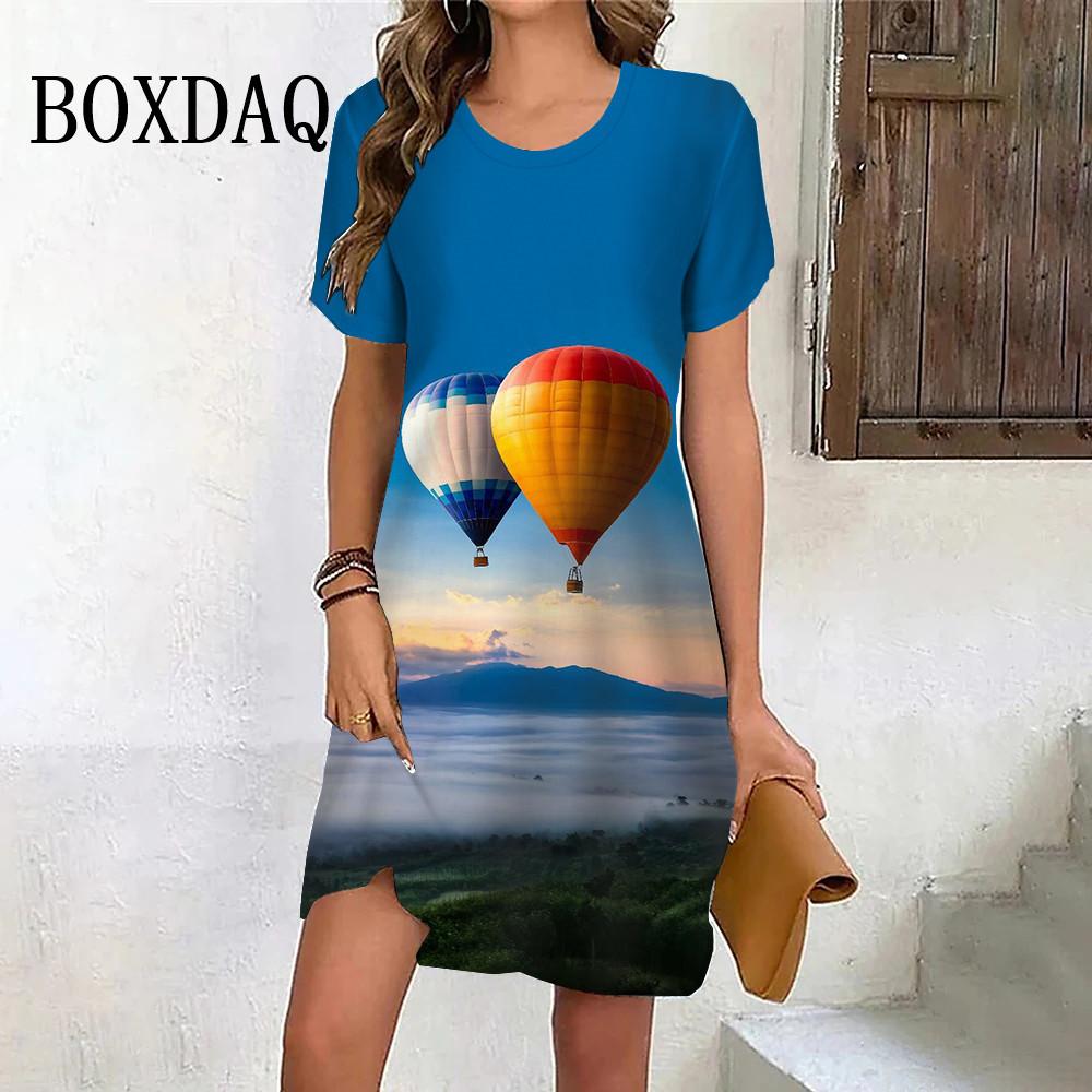 Vestido de Globos Arriba Dulce Verano Mujer Elegante Moda Manga Corta Estampado Vestido Casual Fiesta Mini Vestido Ropa de Señora Talla Grande