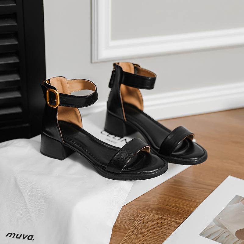 

Spot Sandals Women s Medium Heel Platform French Retro Rear Zipper Thick Heel One Word Broadband Open Toe Medium Heel Roman Shoes Women 35