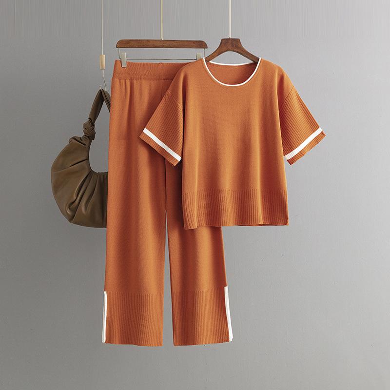 

Осень-зима, свободный пуловер с высоким воротником, костюм-свитер, женский однотонный вязаный широкий брюки с короткими рукавами, комплект из двух предметов One Size красный