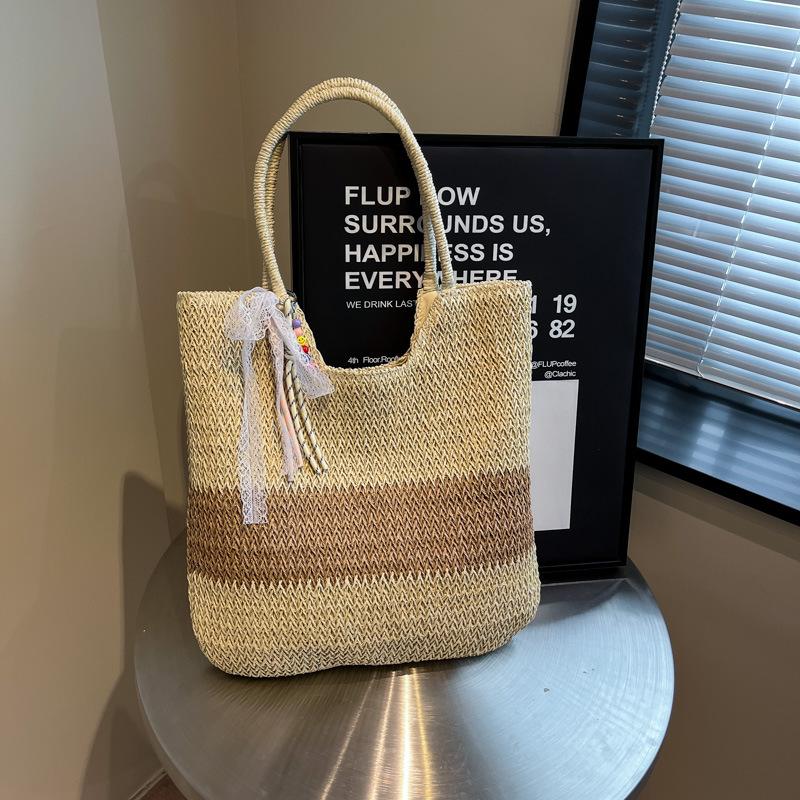 Summer Contrasting Color Woven Big Bag Women's New Fashion Underarm Straw Bag Seaside Vacation Beach Bag