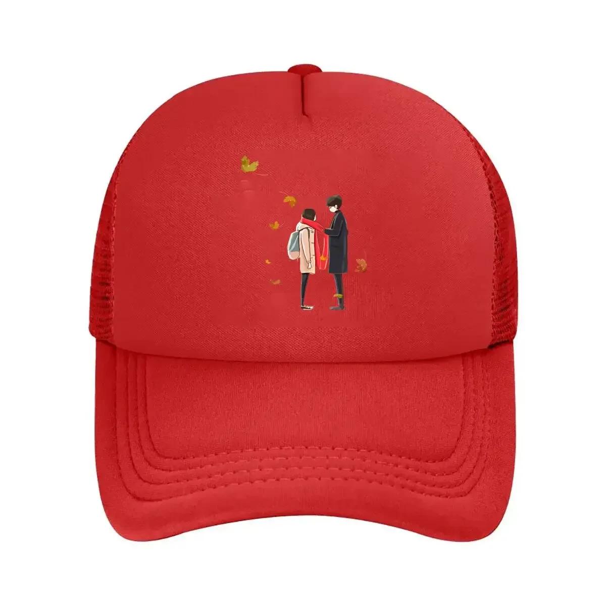 Romantic Autumn Scene with Couple and Leaves Mesh Baseball Cap One Size
