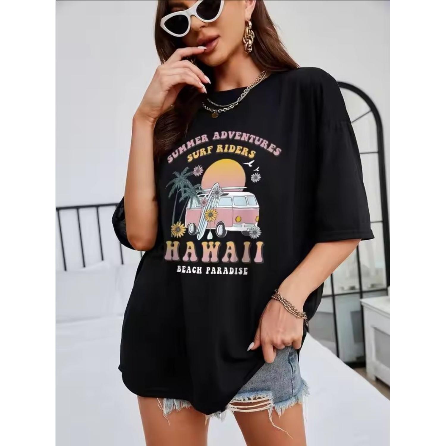 

100% Cotton Women T-Shirts Hawaii Summer Adventures Print Tees Casual Soft Short Sleeve Tops Loose Comfortable Street Clothes S чёрный
