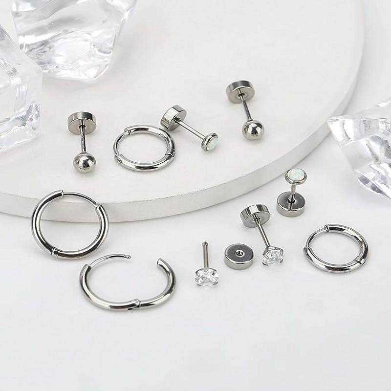 6 Pairs Earrings Sets for Multiple Piercing Small Huggie Hoop Earrings Flat Back Tiny Ball CZ Opal Pearl Stud Earrings for Women