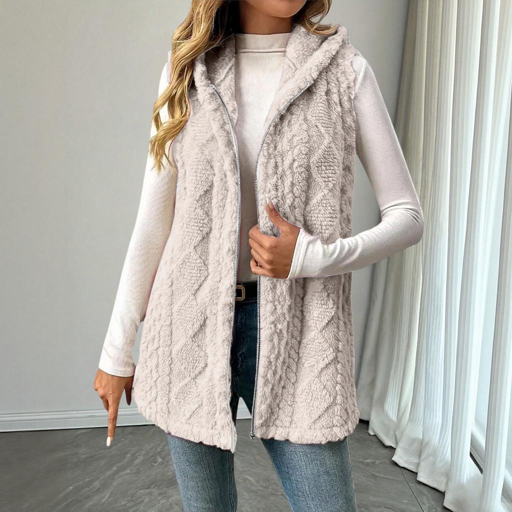 Women's Fashionable Solid Color Sleeveless Hooded Zipper Casual Plush Vest Jacket