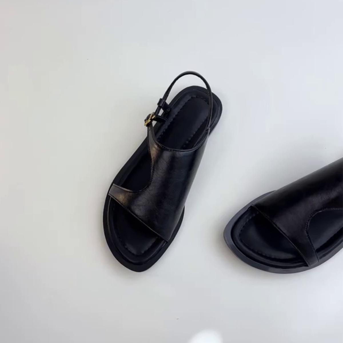 

Spot version~ Fashion niche design rear strap sandals women s summer comfortable casual round head open-toed flat sandals 40 чёрный