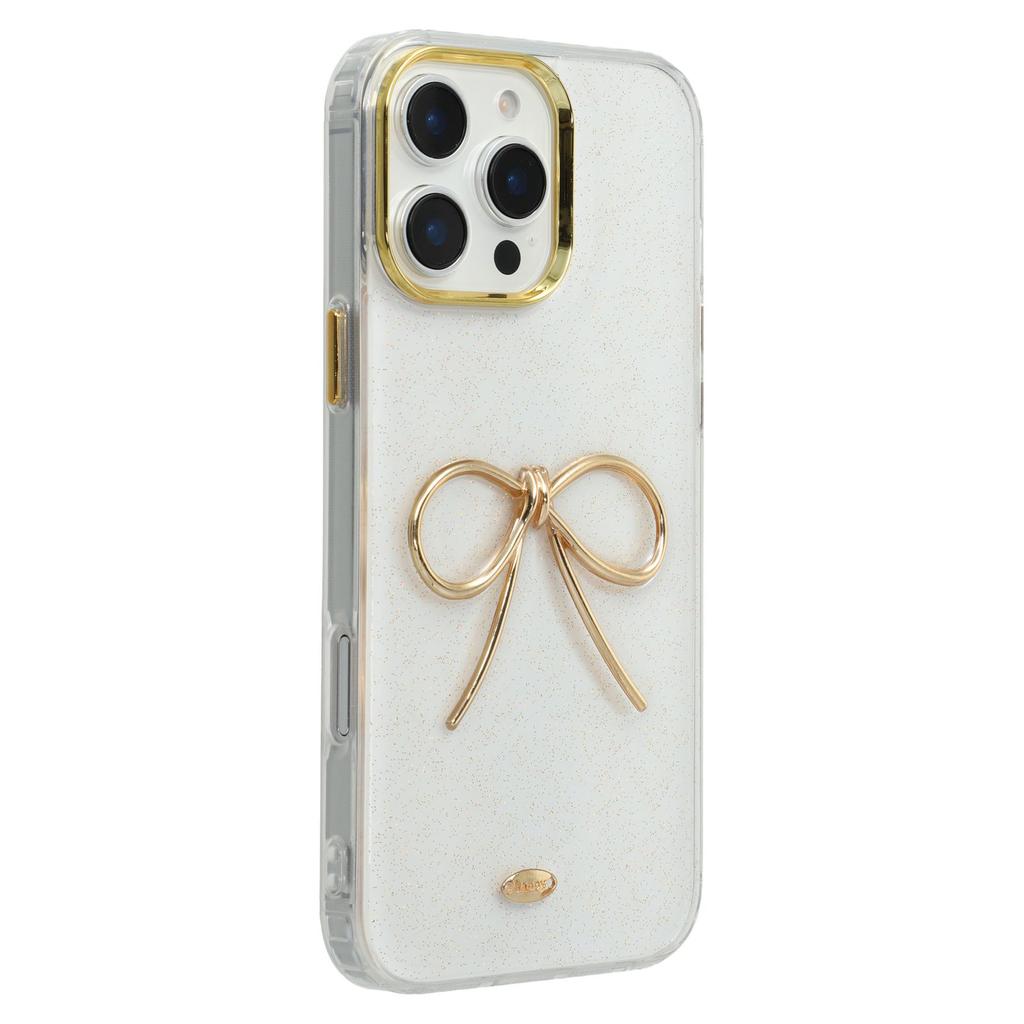 For iPhone 16 Pro Case Gold Bow Epoxy Design TPU+PC Phone Back Cover