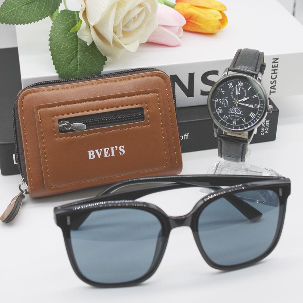3pcs Set Sports Watches Outdoor Sunglasses Cartera Coach Wallet Portable Leather Men's Casual Sports Watch for Outdoor Sports