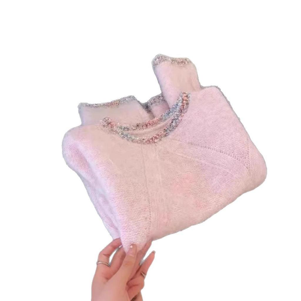 Spring Fall Women Knitwear Lazy Style Pink Elegant Round Neck Pullover Sweater Women Top