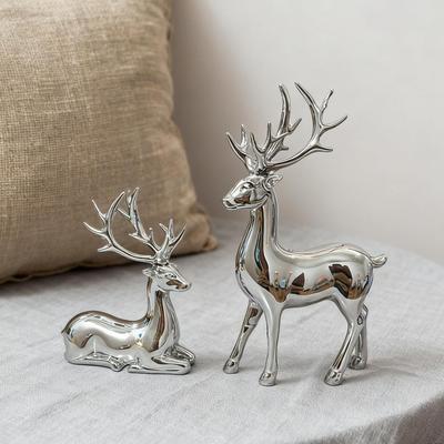 1 Paar Weihnachts-Galvanik Goldene Rentierstatue Stehend Sitzende Elchfigur Hirschskulptur Haus Büro Schreibtischornament
