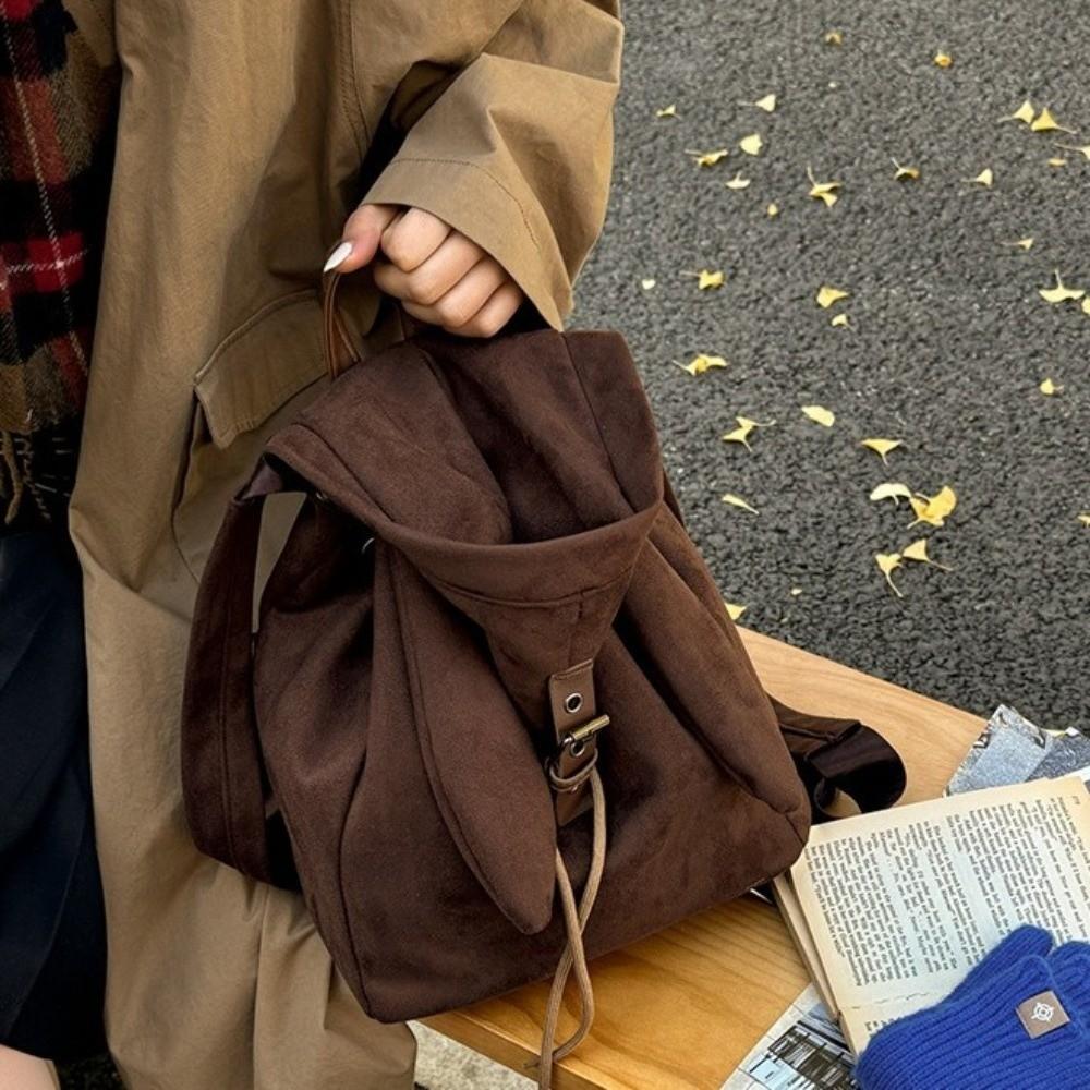 Unique Hooded Ears Backpack Bunny Ear High Capacity Cute Drawstring Daypack Trendy Retro Fashionable School Bag Casual Outing