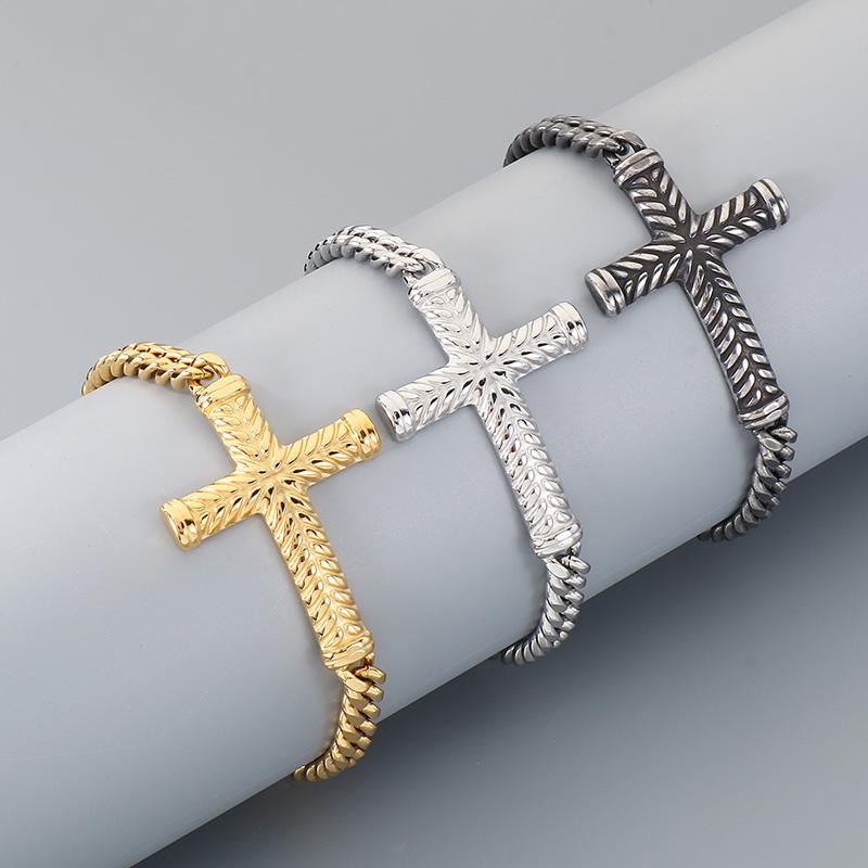 Golden Cross Cuban Link Bracelet for Men Stainless Steel Chain with Adjustable Extender Jewelry Trendy Religious Daily Accessory
