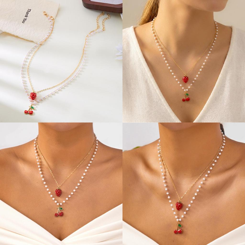 Kirschfrucht Anhänger Halskette Für Frauen Sommer Mehrschichtig Legierung Kette Mit Buchstaben Design