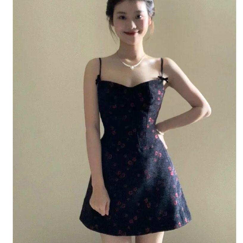 Women's Black Floral Backless Summer Dress: Sweet & Spicy, Short Sling Skirt