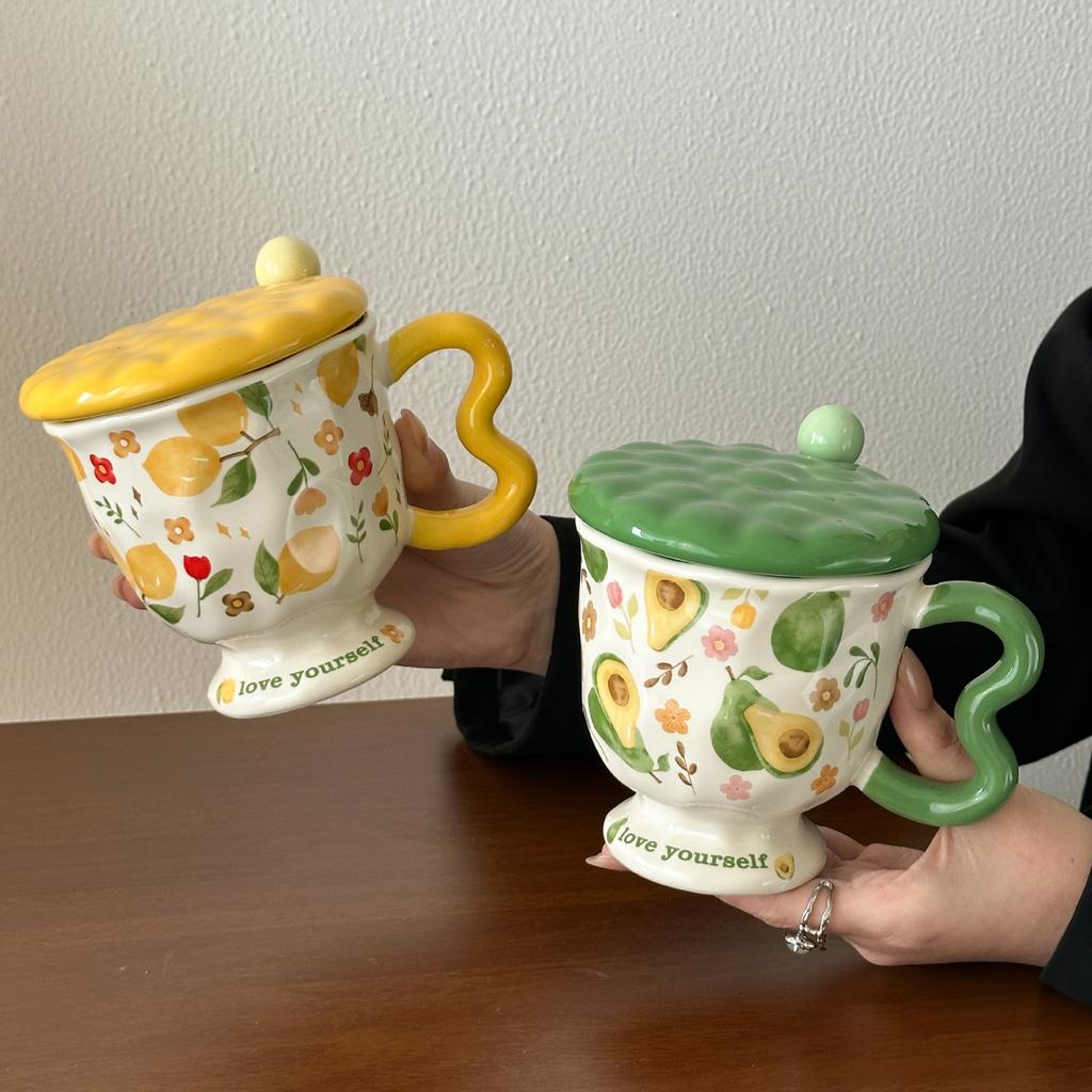 Creative Fruit Ceramic Mug With Lid Spoon Girls Home Cup Office Breakfast Coffee Water Cup High Value