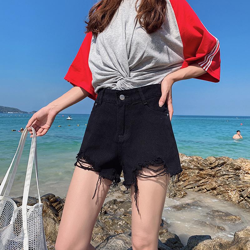 Genç Skinny Moda ve Çok Yönlü Denim Şort Kadın Bol Yazlık İnce Kesim Büyük Beden Yüksek Bel İnce A Kesim Geniş Paça Yırtık Pantolon