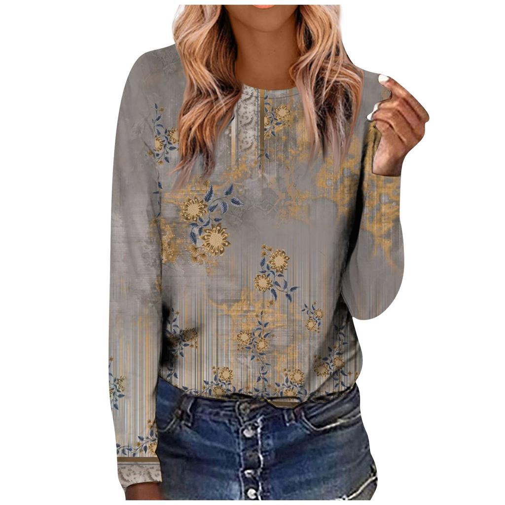 Women's Fashion Casual LongSleeve  Print Round Neck Pullover Top Blouse