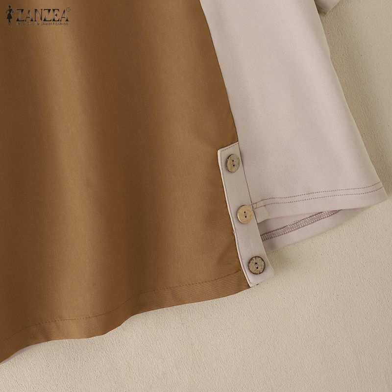 ZANZEA Women Casual Stand Collar Short Sleeve Patchwork Tee Shirts