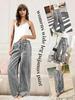 European Plaid Women's Wide-Leg Elastic High-Waist Pajama Pants with Drawstring