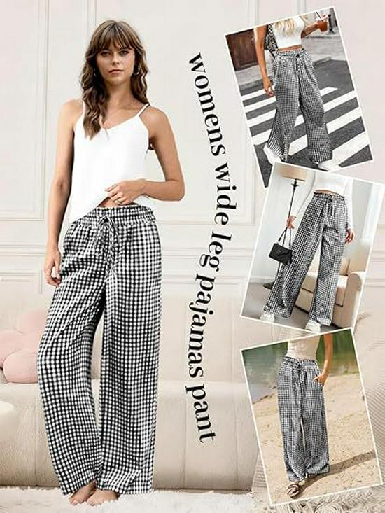 European Plaid Women's Wide-Leg Elastic High-Waist Pajama Pants with Drawstring