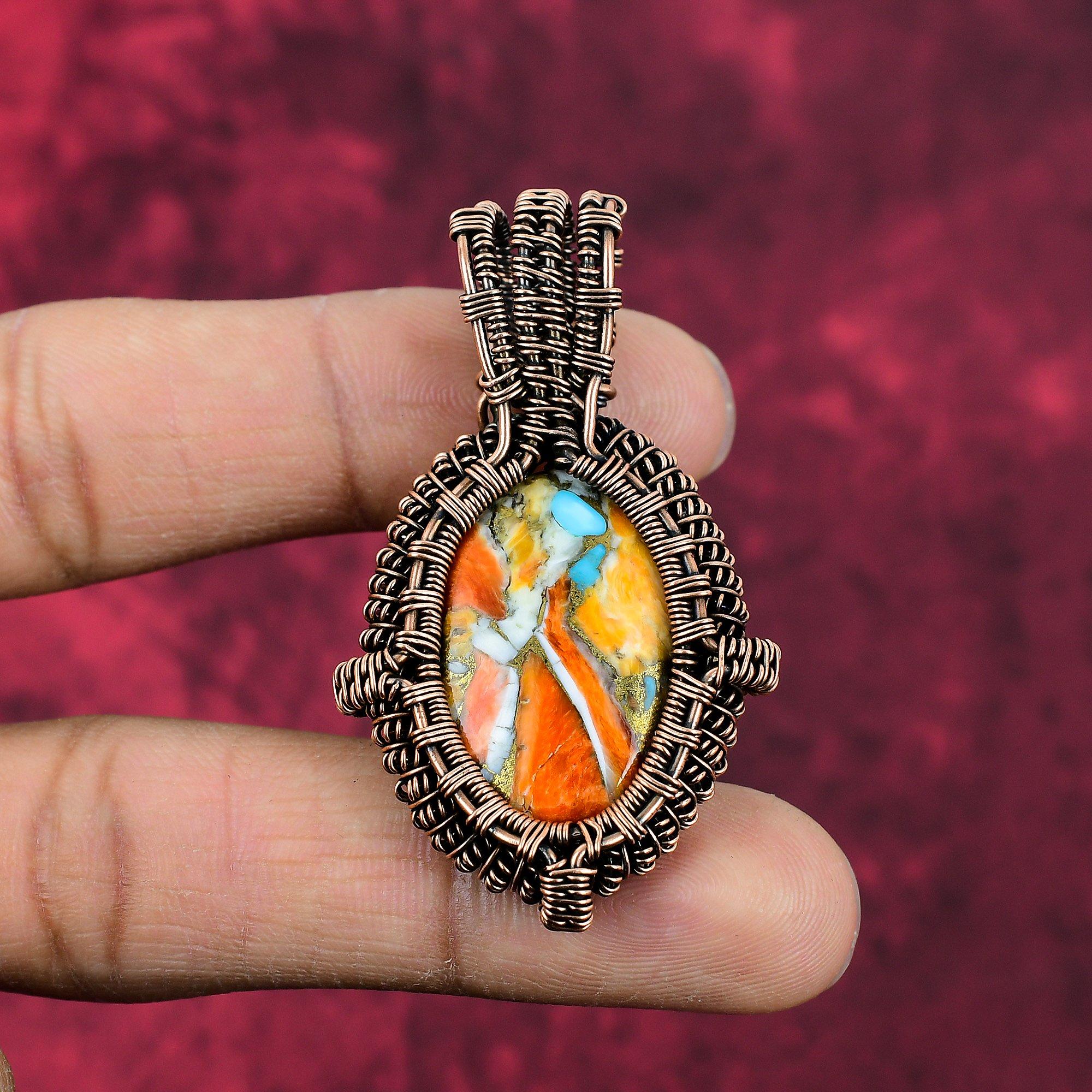 Spiny Oyster Copper Turquoise Pendant Copper Wire Wrapped Handmade Jewelry Gemstone Copper Pendant Gifts For Him Dainty Wire Wrapped Pendant