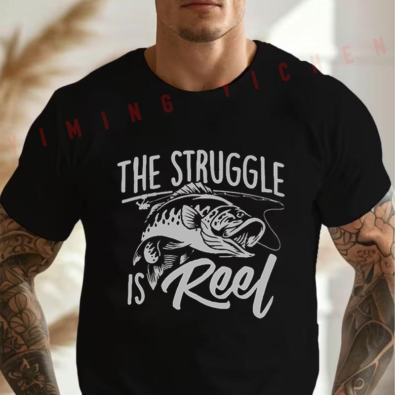 Men's Black The Struggle Is Reel Fishing Graphic Motorcycle Cotton T-Shirt Men's Summer Casual