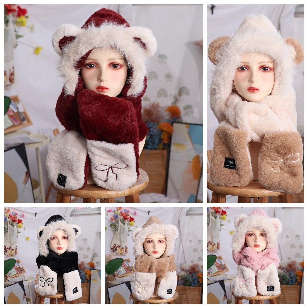 Cute Scarf Hat Glove for Women Embroidery Bow Furry Scarf Cap Set Bear Ears Plush Hat  Outdoor