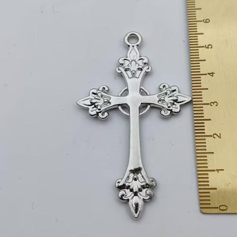 Korean Style Silver Rose Cross Necklace - Engraved Large Pendant with Sweater Chain.