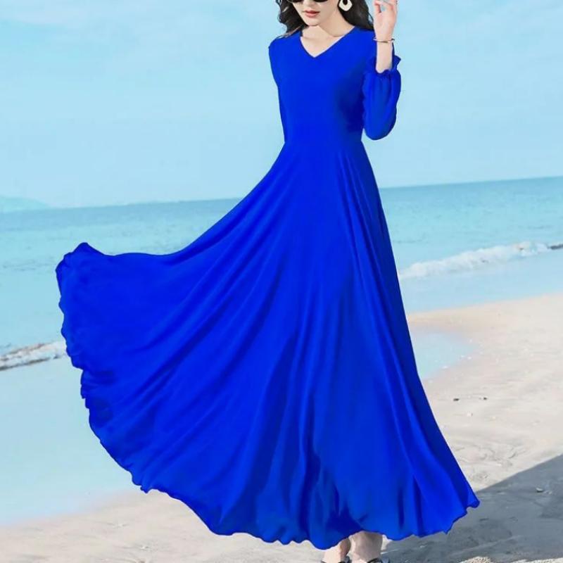 

Летняя мода Новое корейское простое элегантное шифоновое платье средней длины Однотонное V-образный вырез Талия Молния Пэчворк Платья с рукавами-бабочками XXL синий