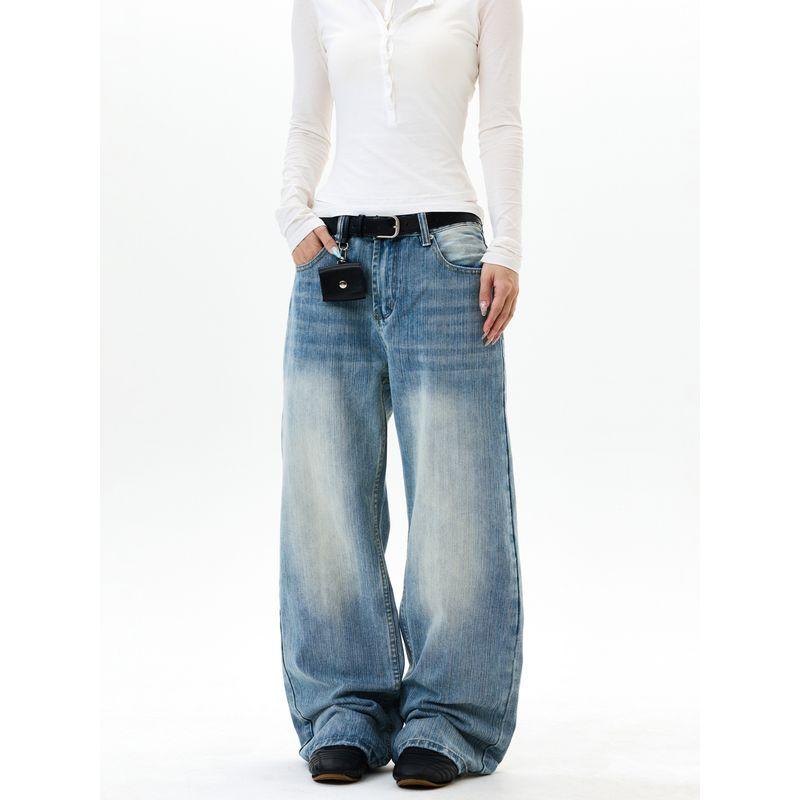 Kisko American Retro Bamboo Texture Washed Blue Drapey Jeans for Men and Women, Cool and Loose Straight-Leg Long Pants