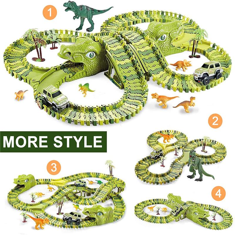 Dinosaur Race Track Set Rail Car Toys Assembly Bend Flex Racing Track Led Electronic Flash Light Car Toys for Children Years Gift