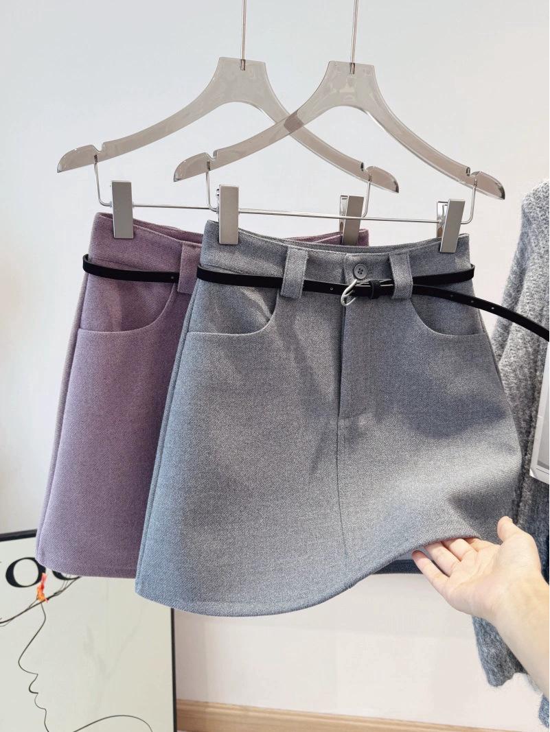 2025 Autumn/Winter Korean Chic High-Waisted Wool A-Line Skirt Large светло-серый