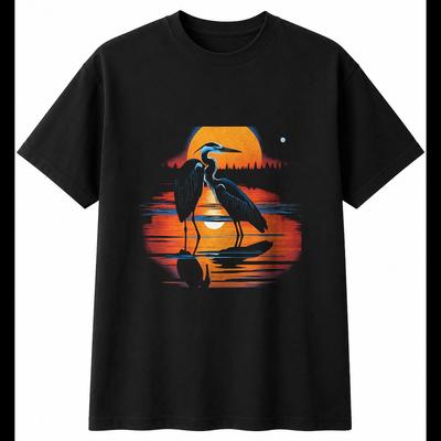 Fantasy Art Grey Heron Mens T-Shirt Bird Black 100% Cotton Nature Printed