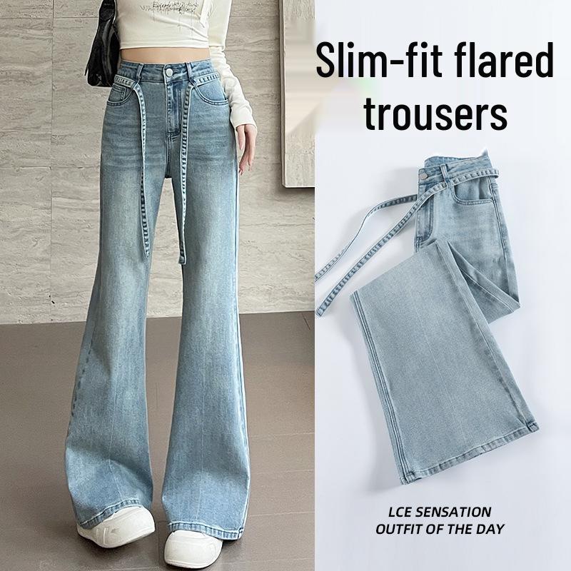 

Светло-голубые женские джинсы микро-клеш с высокой посадкой на шнуровке - Весна/Лето 2025, облегающий дизайн Medium