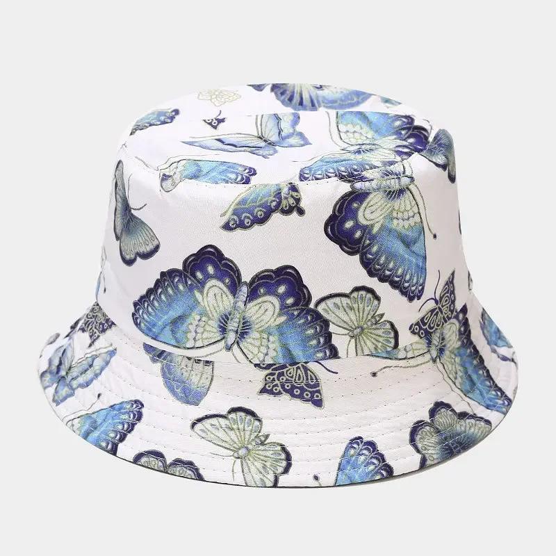 

Spring Cotton Cartoon Butterfly Print Bucket Hat Fisherman Hat Outdoor Travel Sun Cap for Men and Women 115 белый