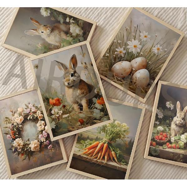 6Pcs Retro Bunny Easter Canvas Wall Art Easter Eggs Wreath Posters Prints Paintings Rustic Countryside farmhouse Pictures Wall Decor for Living Room