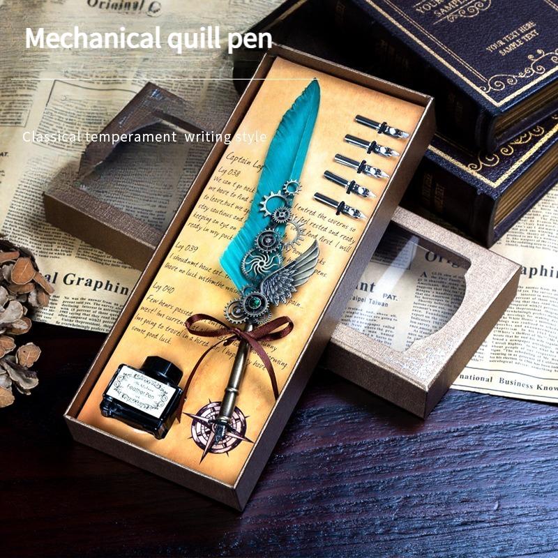 1SET Blue Peacock Mechanical Punk Wind Wing Pen Dipping Pen Ink Advertising Gift Pen Quill Set