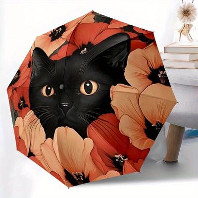 1pc Floral Cat Auto Open/Close Umbrella with Windproof, Functional Design, 8-Rib Sturdy Canopy