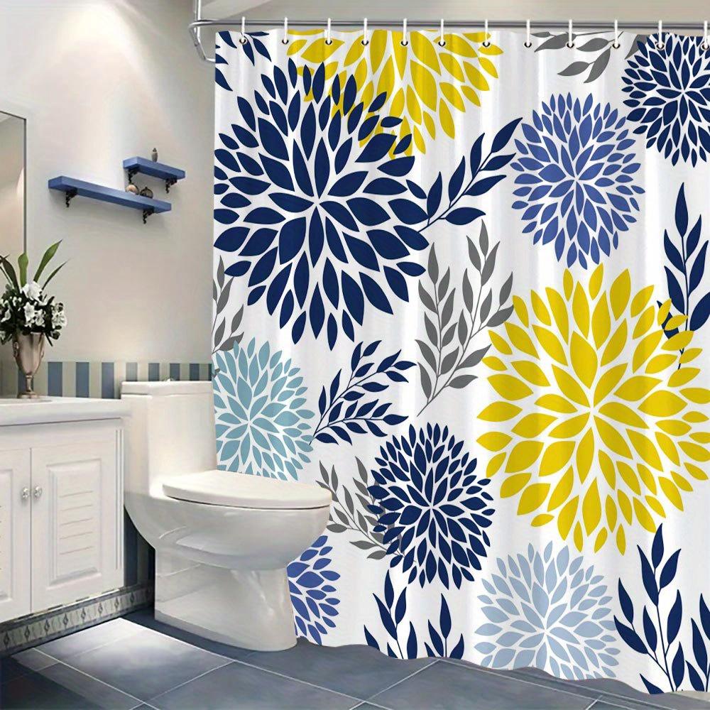 1 Piece Blue and Yellow Floral Pattern Shower Curtain Polyester Bathroom Decor with Overlapping Flowers and Gray Accents