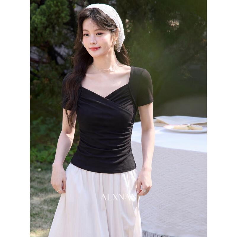 

Women s Elegant Commute Pleated Waist Short Sleeve T-shirt S