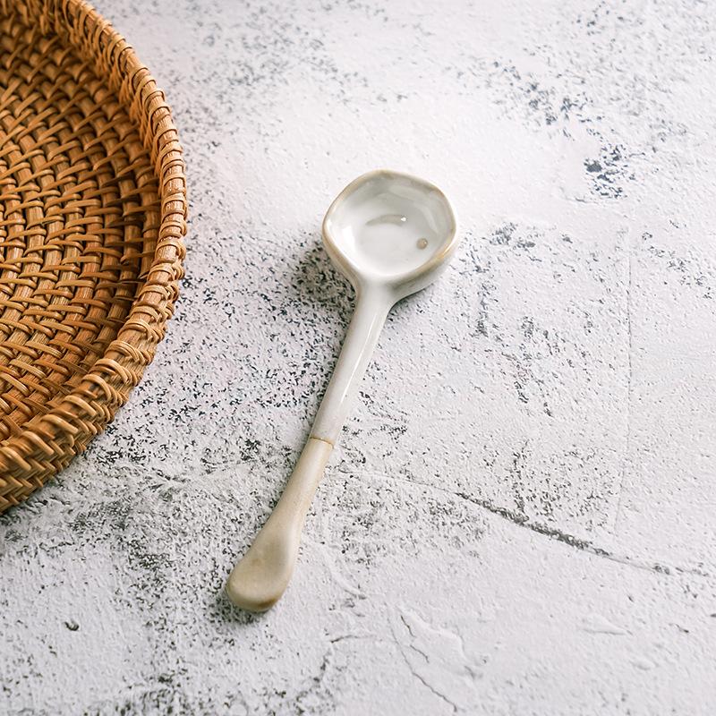 Ceramic Heat-resistant Coffee Spoon Long Handle Vintage Japanese Clay Seasoning Mixing Spoon Stoneware Handmade Ins Wind Small