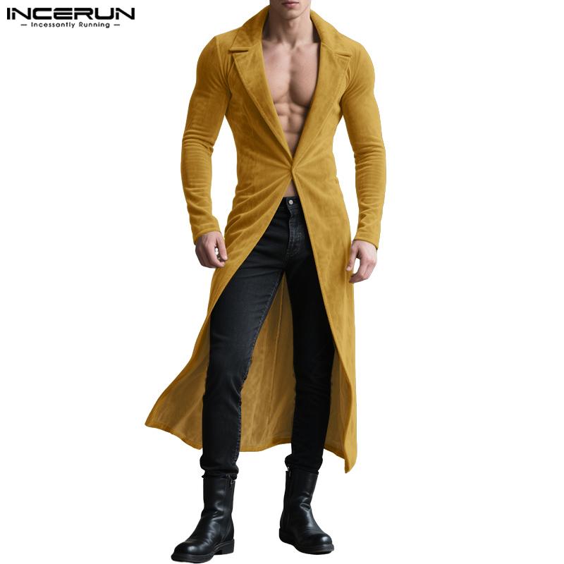 INCERUN Autumn Men Long Sleeve High Splits Open Front Long Corduroy Coats Windbreaker