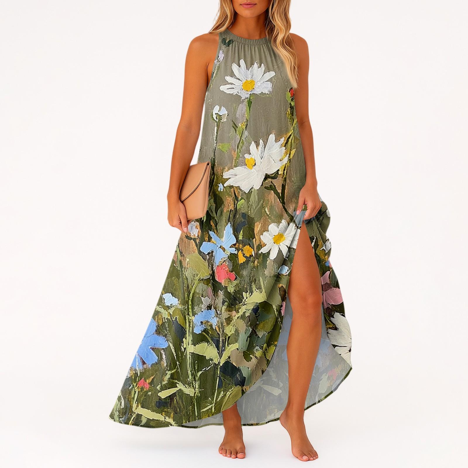 

Женское повседневное и модное платье средней длины без рукавов с круглым вырезом XXL зелёный