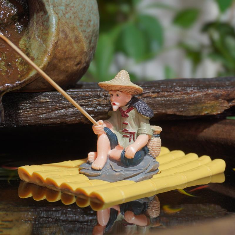 Outdoor Themed Elderly Fisherman Figurine On Bamboo Raft, PVC Statue for Landscaping and Aquarium Use