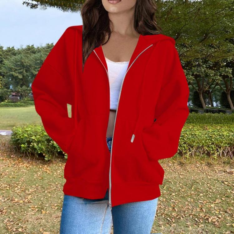 Women's Casual Solid Color Long Sleeve Zippered Hooded Sweatshirt Fashion Top
