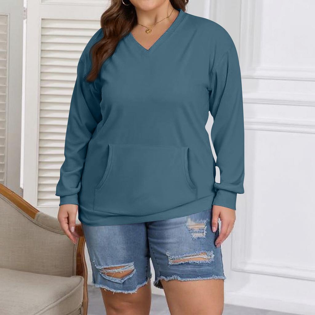 Women's Fashion Casual Solid Color Long Sleeve Oversized Pocket Plus Size Top