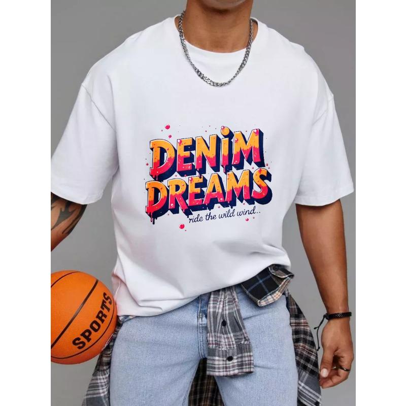Denim Dreams White T Shirt with Colorful Graffiti Print and Ride The Wild Wind Slogan for Casual Streetwear Fashion
