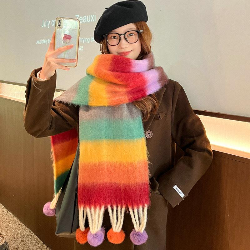 Vibrant Rainbow Warm Scarf: Stylish Autumn & Winter Neck Protection for Women