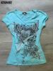 Damen Y2K Geflügeltes Herz Shirt S-L Blau Baumwolle Polyester Grafik T-Shirt