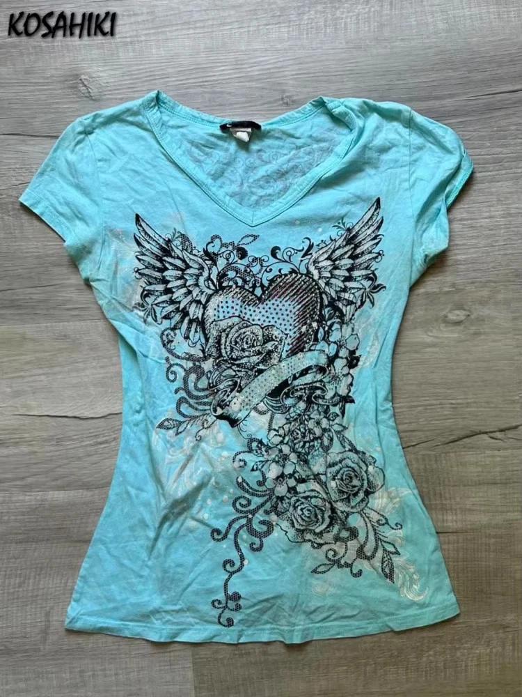 Womens Y2K Winged Heart Shirt S-L Blue Cotton Polyester Graphic Tee S